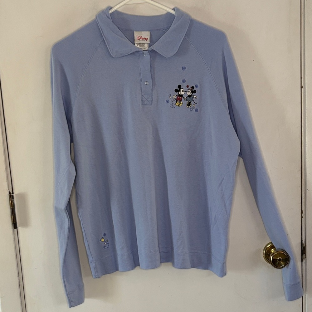 Disney Store Mickey Minnie Mouse embroidered light blue polo shirt Size Large